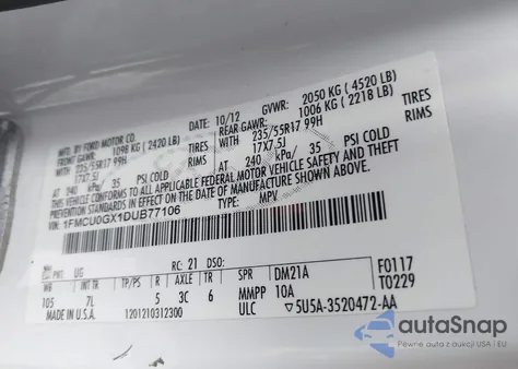 2013 Ford Escape Se z USA, uszkodzony, nr VIN 1FMCU0GX1DUB77106